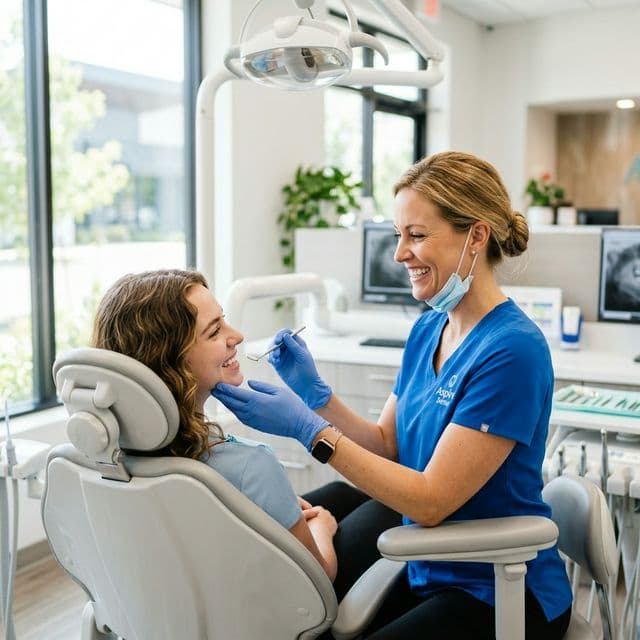 A smiling dental professional with a relaxed patient in a bright, modern treatment room at Schonsee Dental in Edmonton